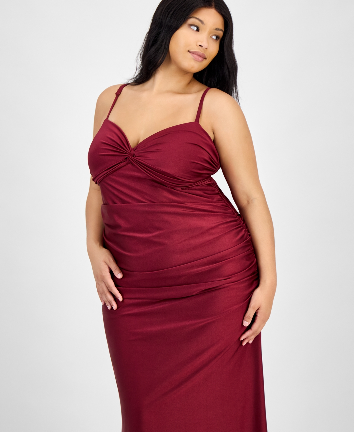 City Studios Trendy Plus Size Twist-front Ruched Satin Gown In Red