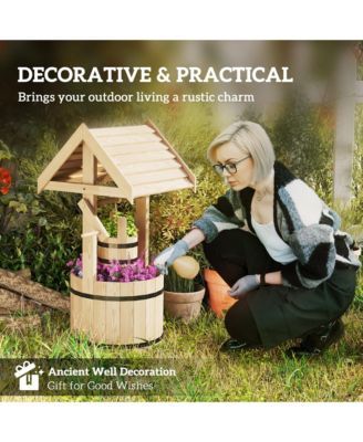 Wishing Well Planter with Bucket, Wooden Wishing Well, Natural