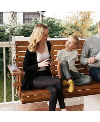 5 FT Wooden Porch Swing 3-Seater with Cupholders,