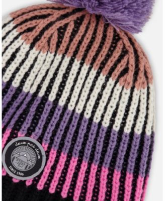 Girl Lined Knit Pompom Hat Pink and Purple and Black - Toddler|Child