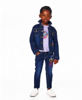 Girl Stretch Denim Jacket Dark Blue with Glittery Hearts and Unicorn - Toddler|Child