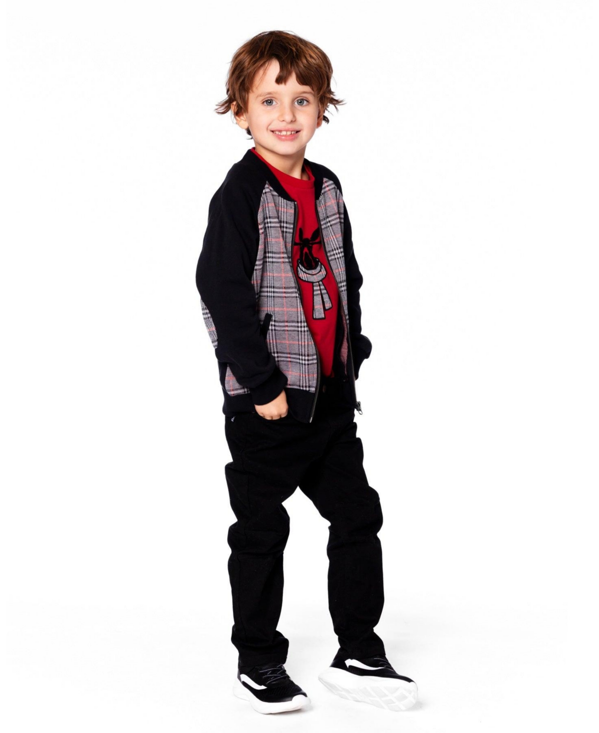 Deux par Boy Bi-Material Zip Front Jacket Gray and Black Plaid