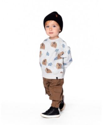Boy Long Sleeve Crew Neck Fleece Sweatshirt Beige Mammoth Print - Child