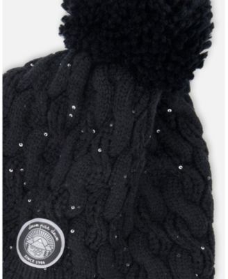 Girl Winter Peruvian Knit Hat with Pompom and Lining Black - Toddler|Child