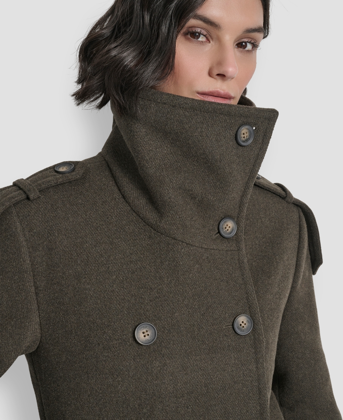 Dkny Double Breasted Wool Blend Military Coat In Green