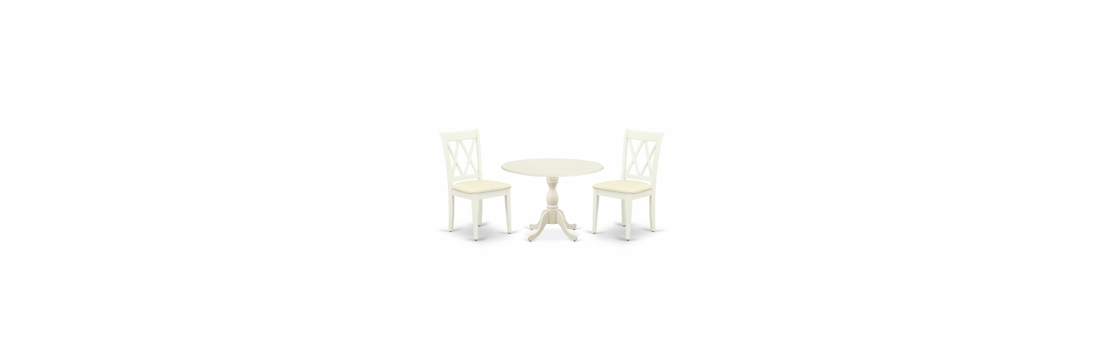East West Furniture 3 Piece Dining Room Table Set Includes 1 Drop Leaves Wood Dining Table and 2 Linen White Dinning Room Chairs with Double X-Back