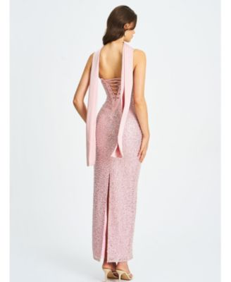 Women Raizel Pink Beaded Sequin Bodycon Gown with Scarf