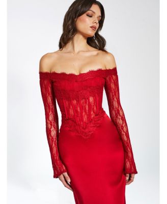 Women's Nessa Red Lace Satin Corset Maxi Dress
