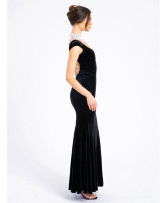Women Rachael Black Velvet Pearl Embellished Gown