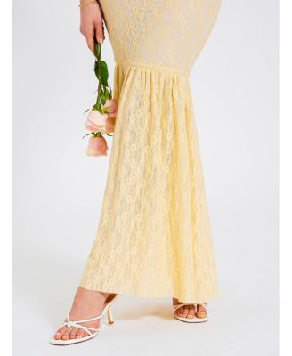 Women's Ersilia Pale Yellow Satin Lace Peplum Corset Off Shoulder Maxi Dress
