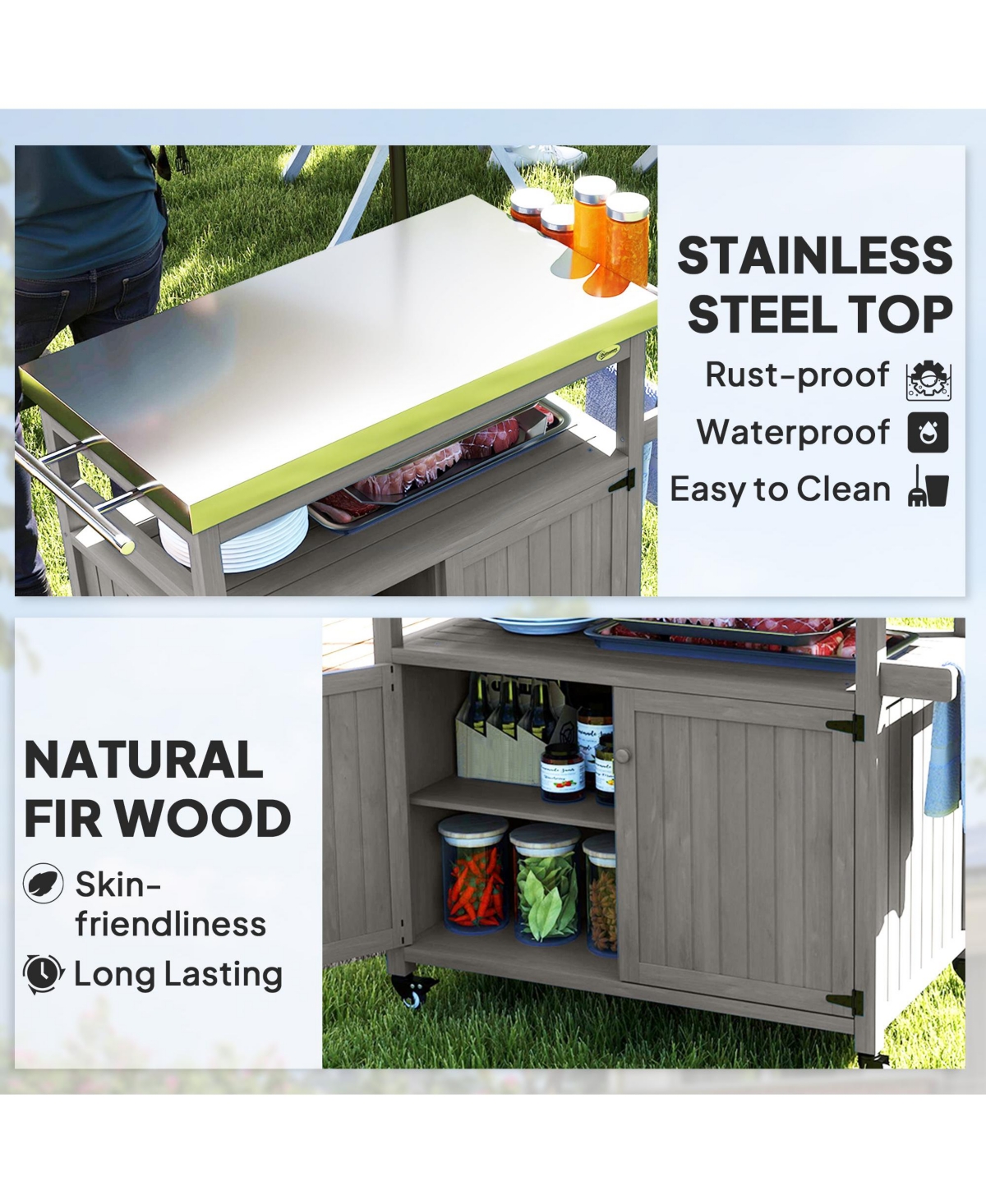 Outsunny Grill Cart, Kitchen Island with Storage Cabinets,