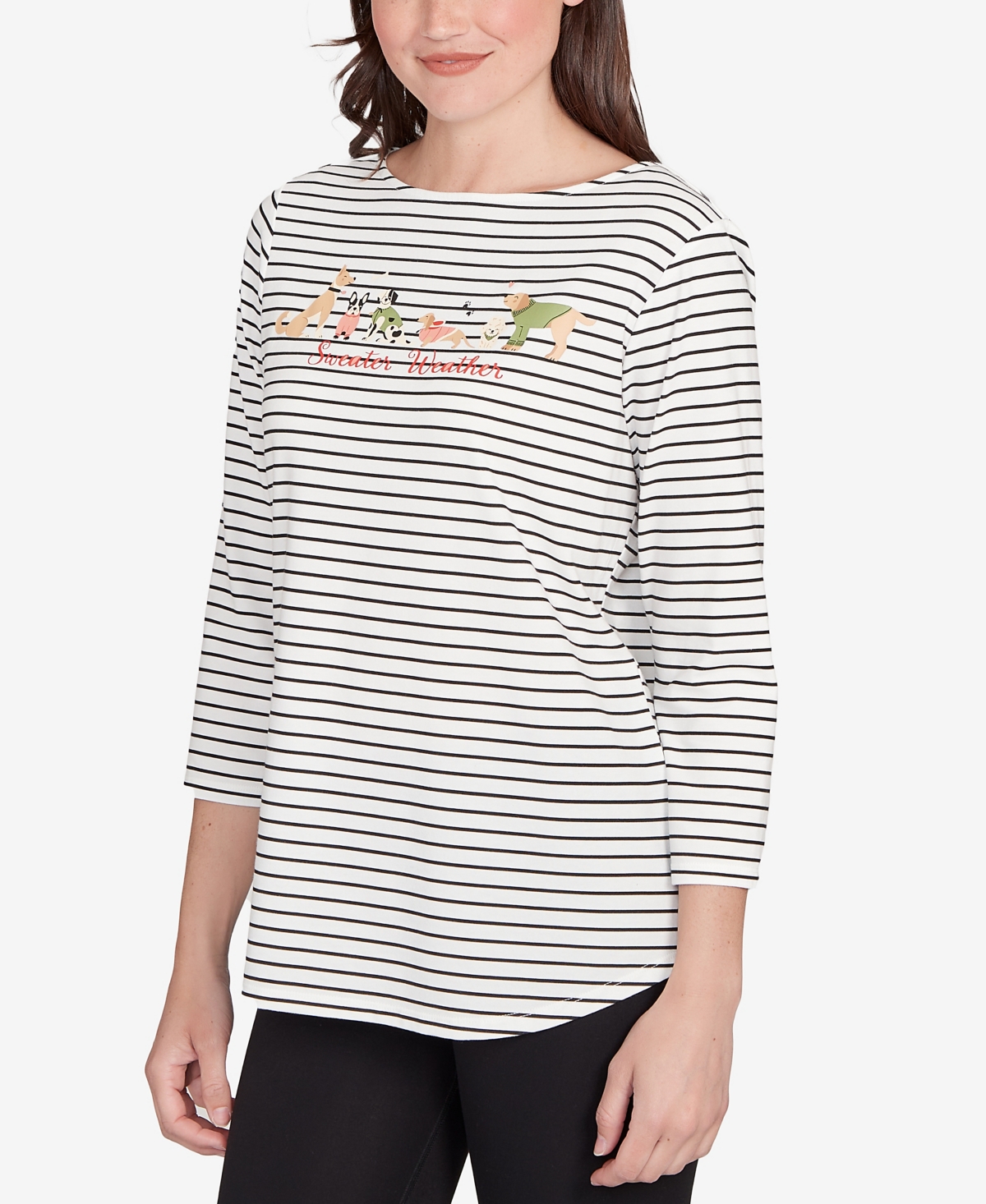 Ruby Rd. Petite Holiday Dogs Striped Knit Top In Multi