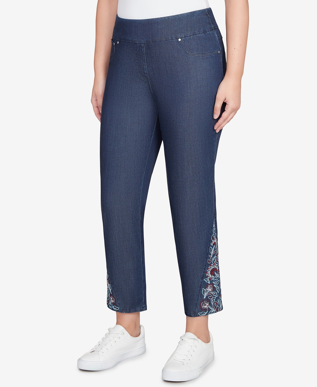 Ruby Rd. Petite Stretch Denim Embroidered Ankle Jeans In Blue