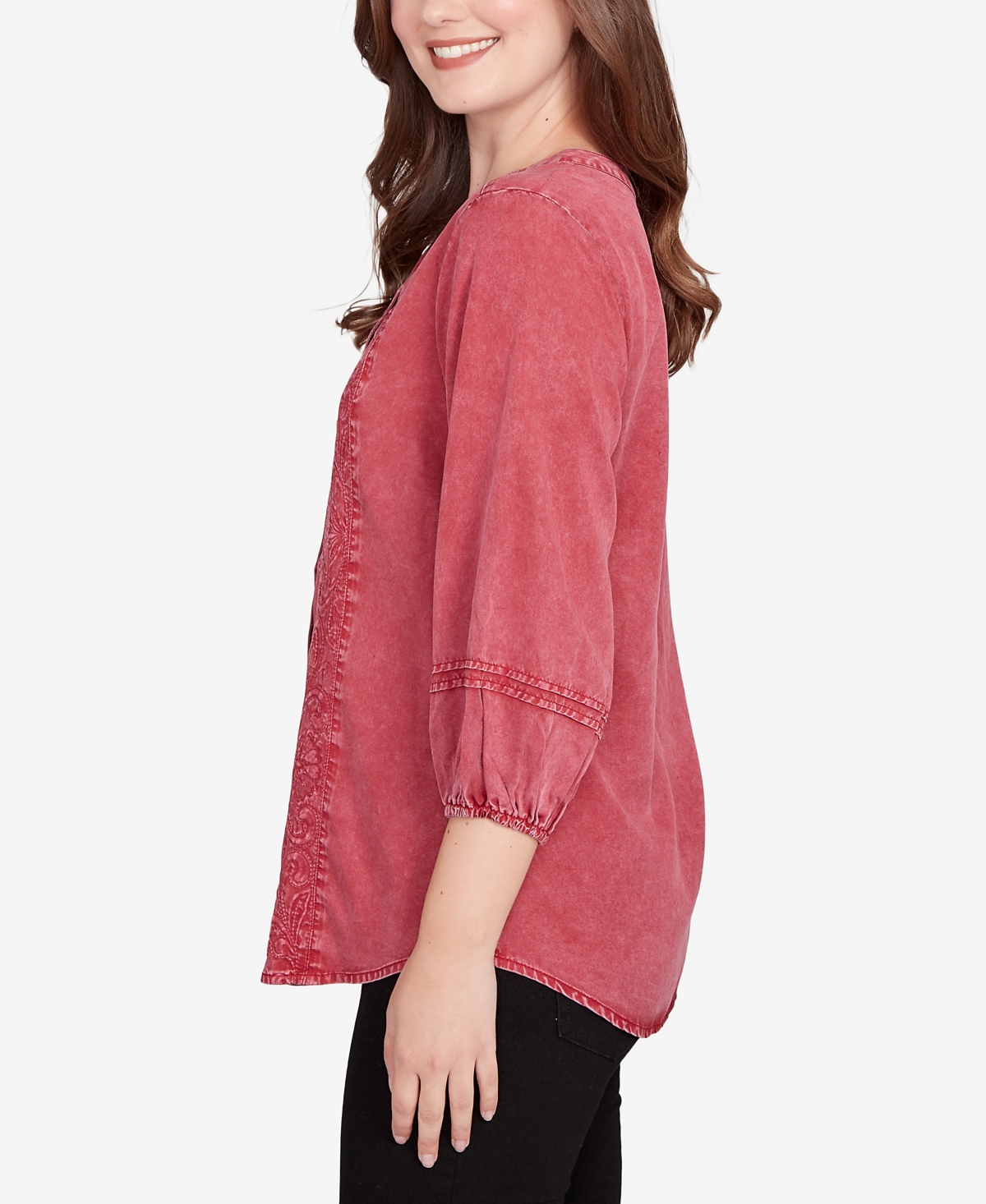 Ruby Rd. Petite Artisan Embroidered Button Front Top In Red