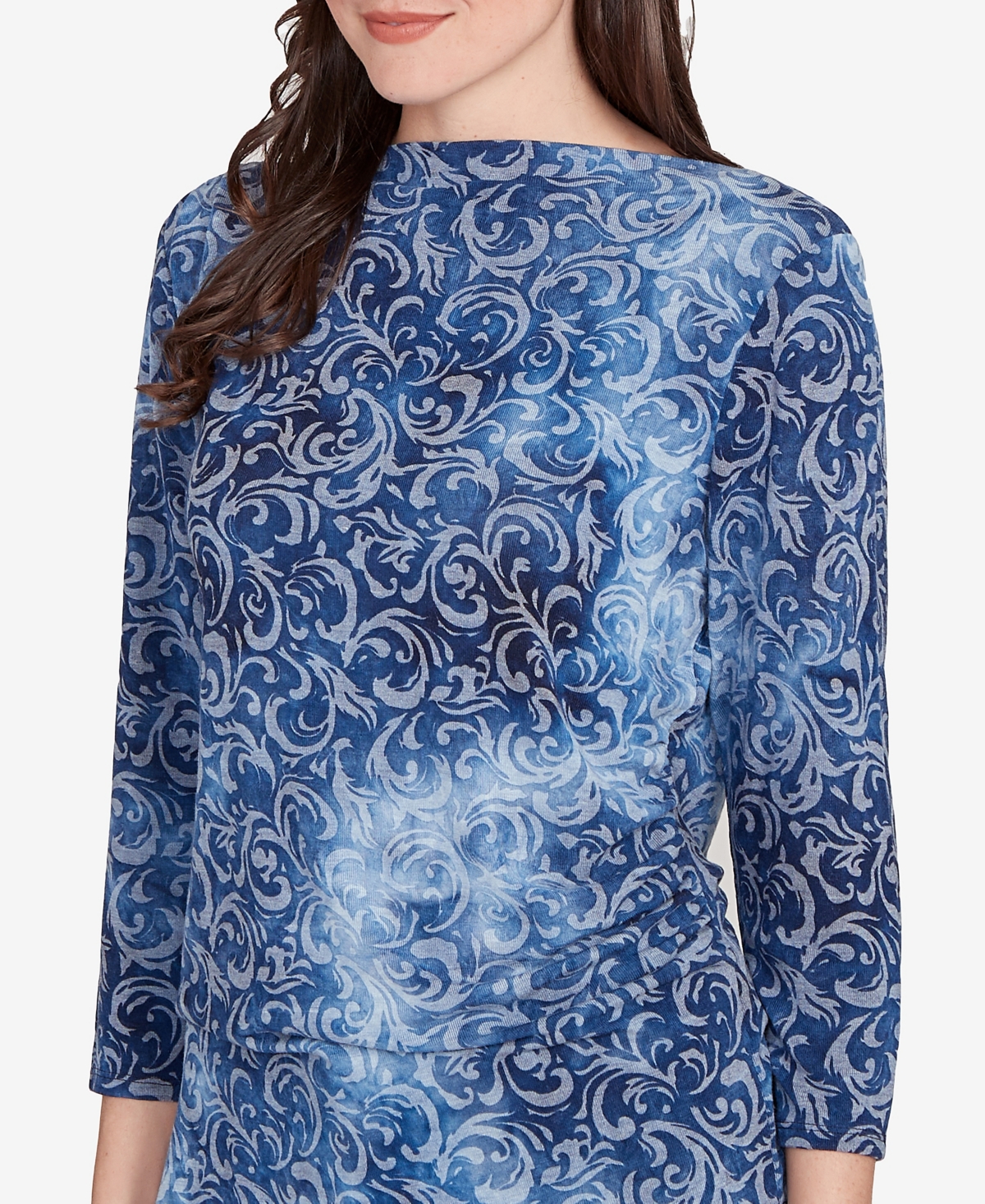 Ruby Rd. Petite Tie Dye Scroll Floral Hatchi Top In Blue