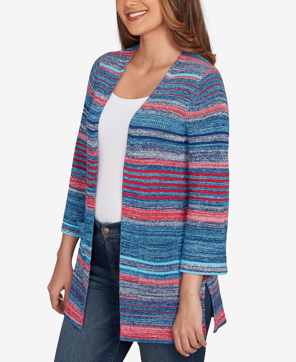 Ruby Rd. Petite Open Ribbed Stripe Front Pocket Cardigan Sweater In Blue
