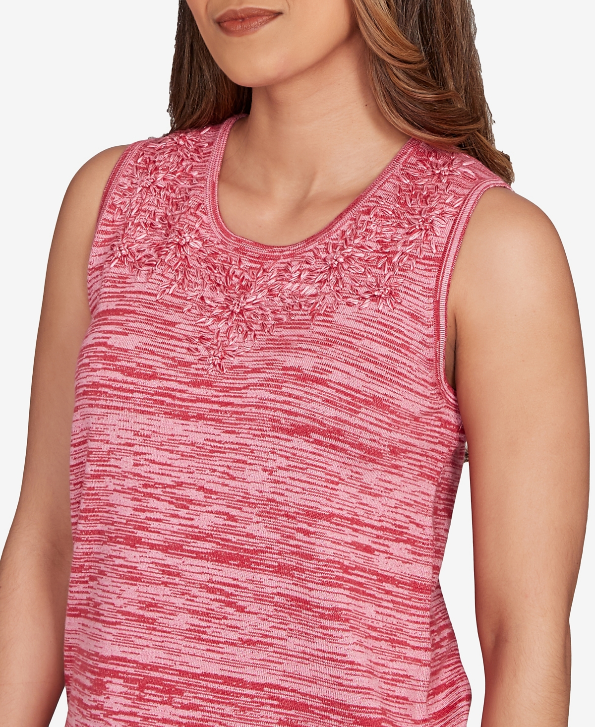 Ruby Rd. Petite Marled Knit Embroidered Tank Sweater In Red