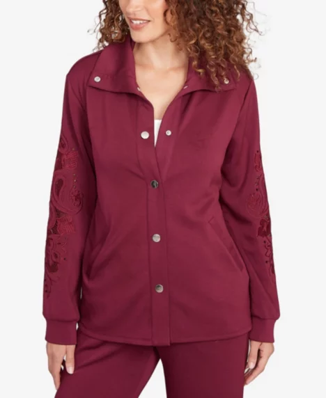 Petite Embroidered Floral Cutout Snap Jacket - Raisin