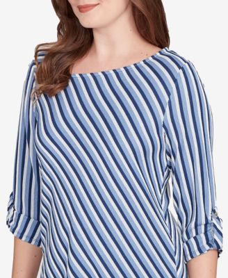 Petite Textured Stripe Roll Tab Sleeve Top