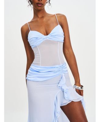 Women Lacy Blue Ruched Breast High Slit Chiffon Dress