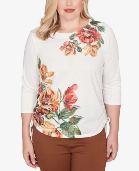 Petite Mount Laurel Asymmetric Floral Side Tie Top - Ivory