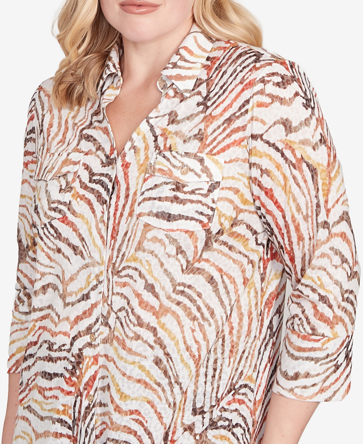 Alfred Dunner Petite Mount Laurel Animal Burnout Button Front Top