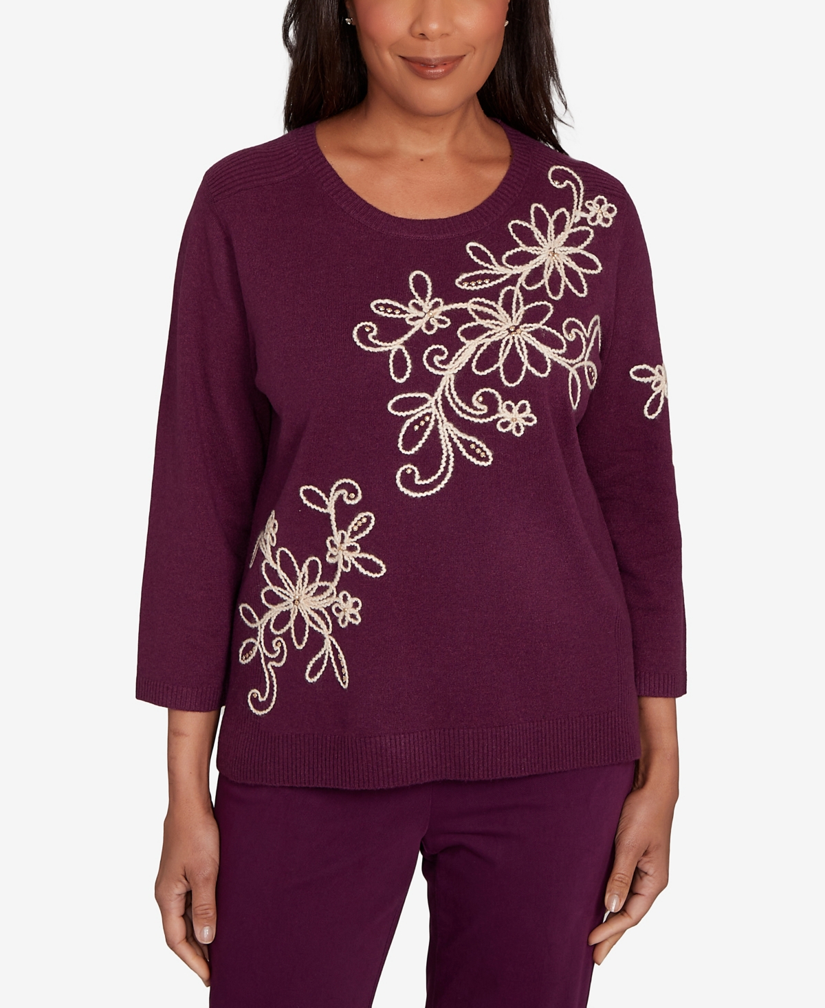 Alfred Dunner Petite Urban Legend Diagonal Floral Embroidered Sweater In Purple