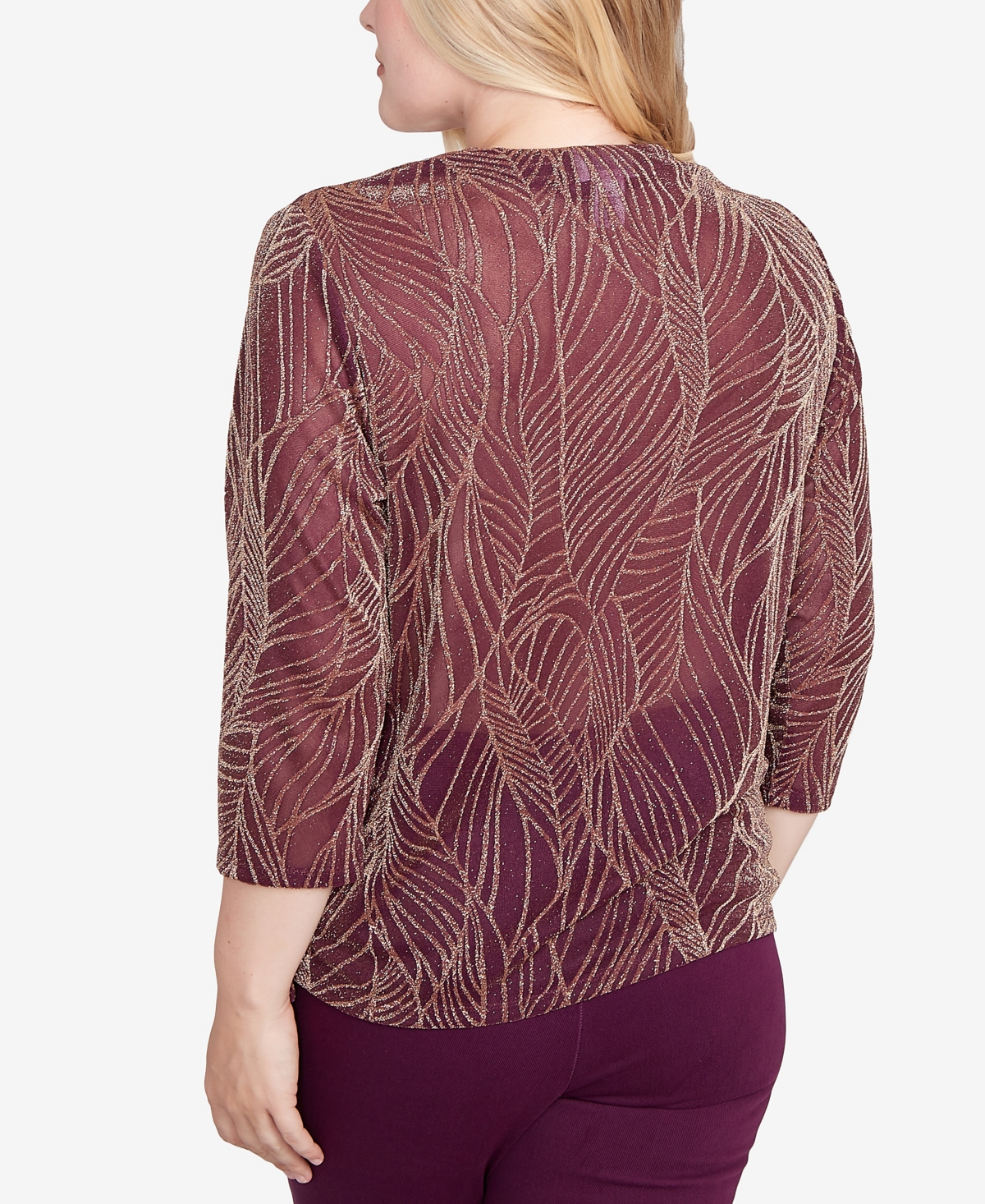 Alfred Dunner Petite Urban Legend Glitter Leaf Two In One Top With Necklace In Pink