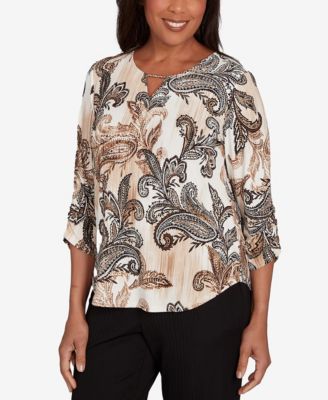 Petite Textured Paisley Ruched Sleeves Top