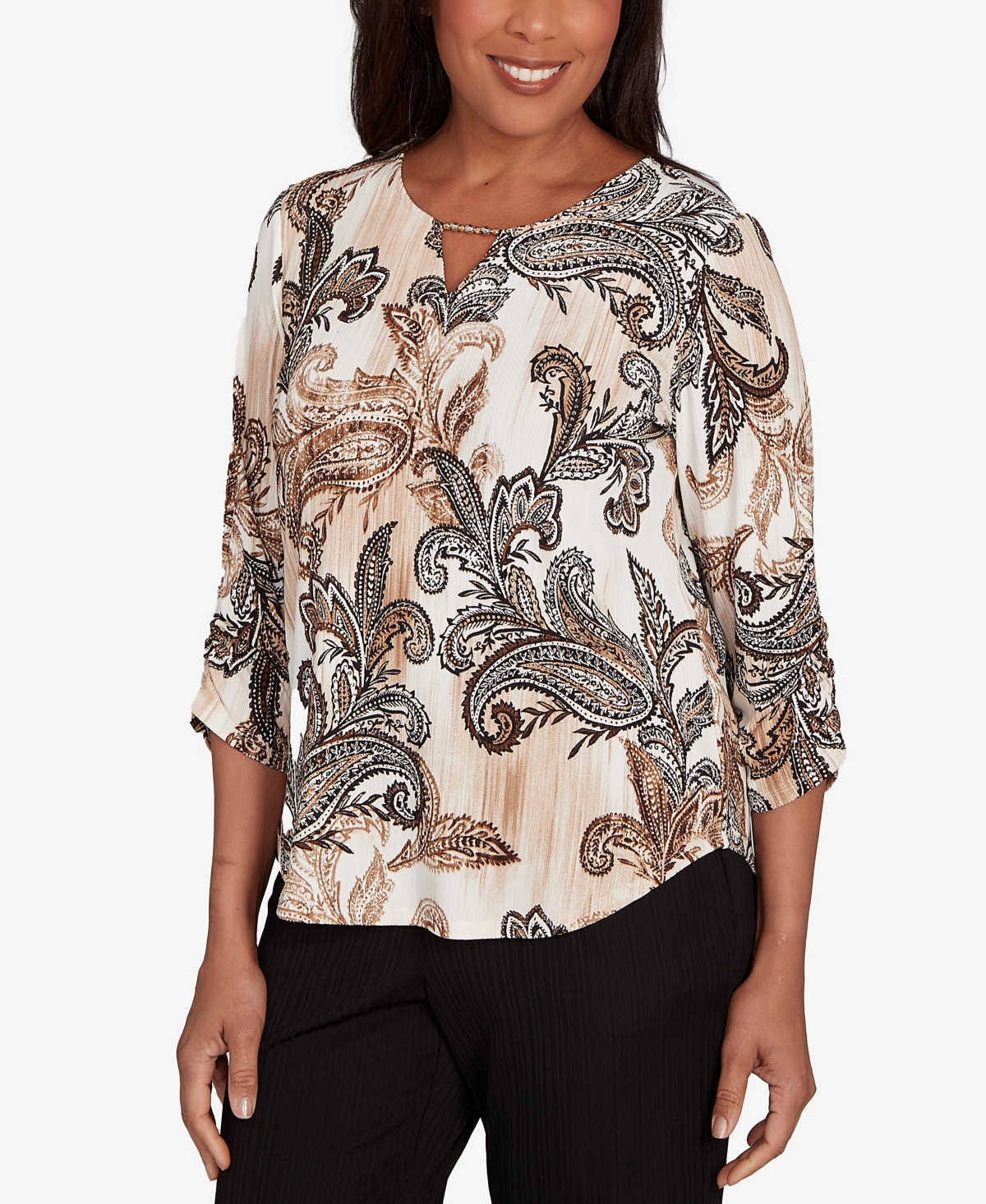 Alfred Dunner Petite Textured Paisley Ruched Sleeves Top In Brown