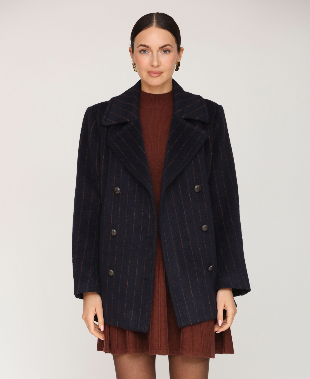 Avec Les Filles Women's Short Double Breasted Wool Pinstripe Coat In Black