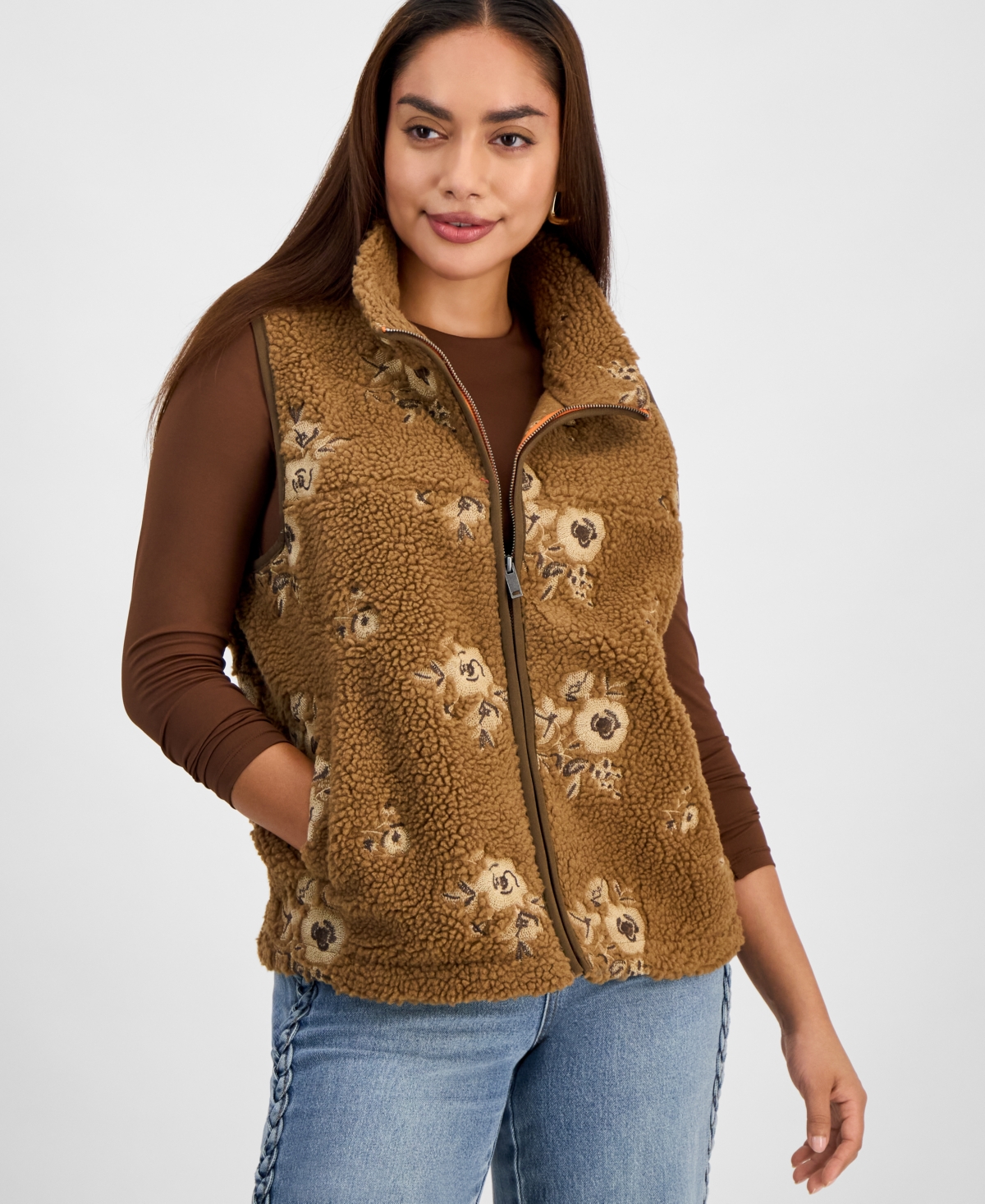 And Now This Petite Embroidered Sherpa Fleece Vest, Macy's Exclusive In Brown