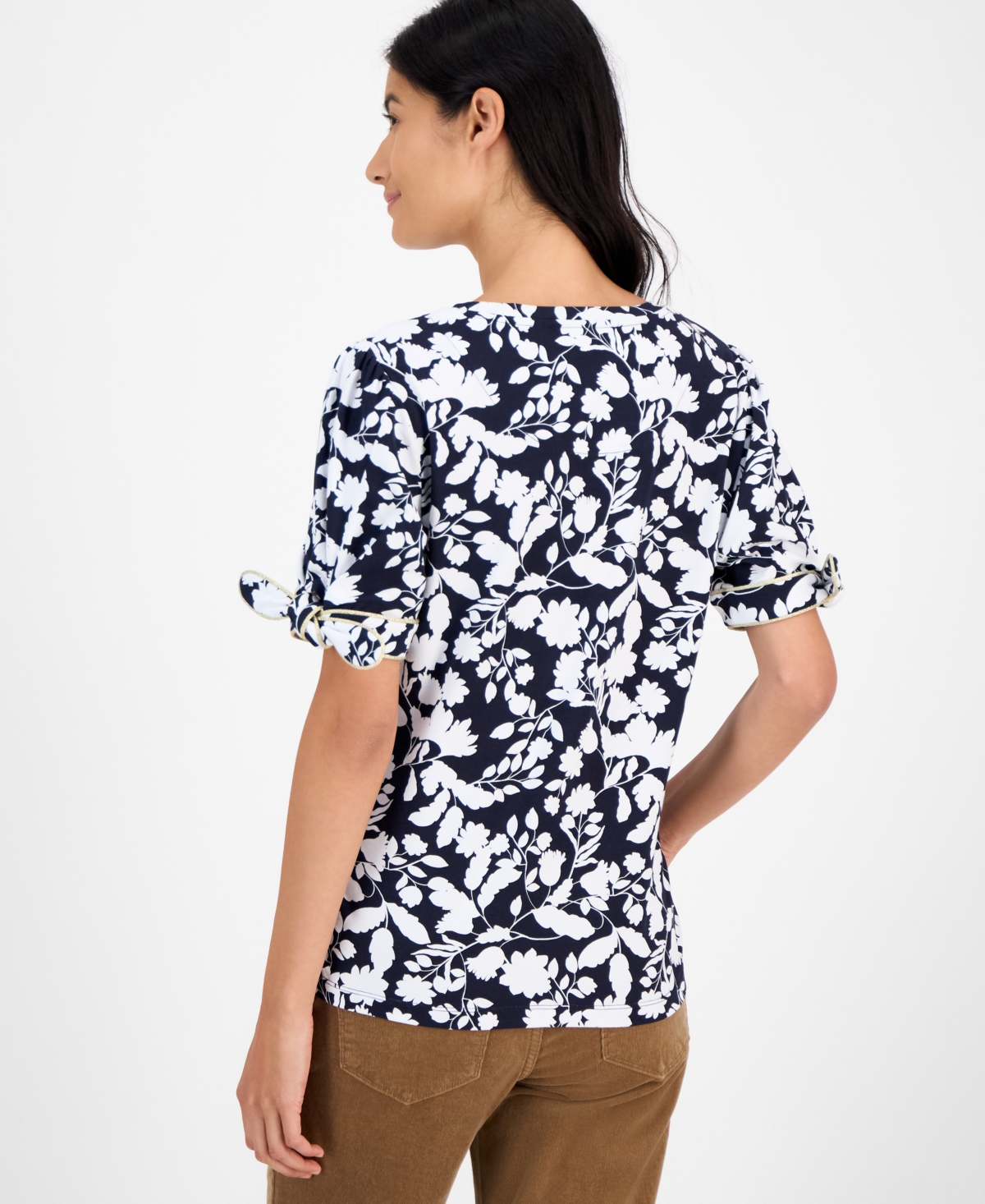 Tommy Hilfiger Women's Floral-print Tie-cuff T-shirt In Black