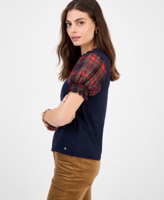 Women's Mixed-Media Plaid Puff-Sleeve Top