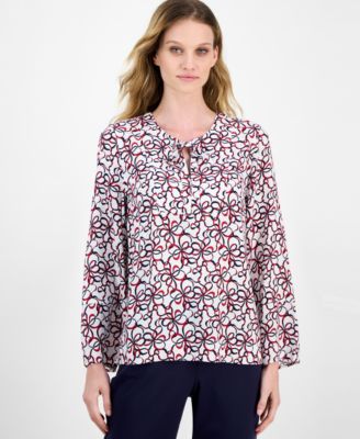 Nautica Jeans - Women's Ribbon-Print Tie-Front Blouse