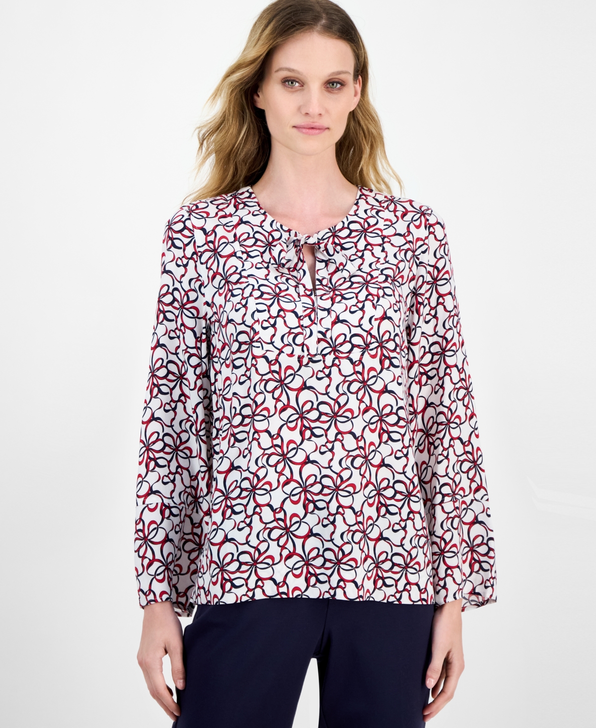 Nautica Jeans Women's Ribbon-Print Tie-Front Blouse
