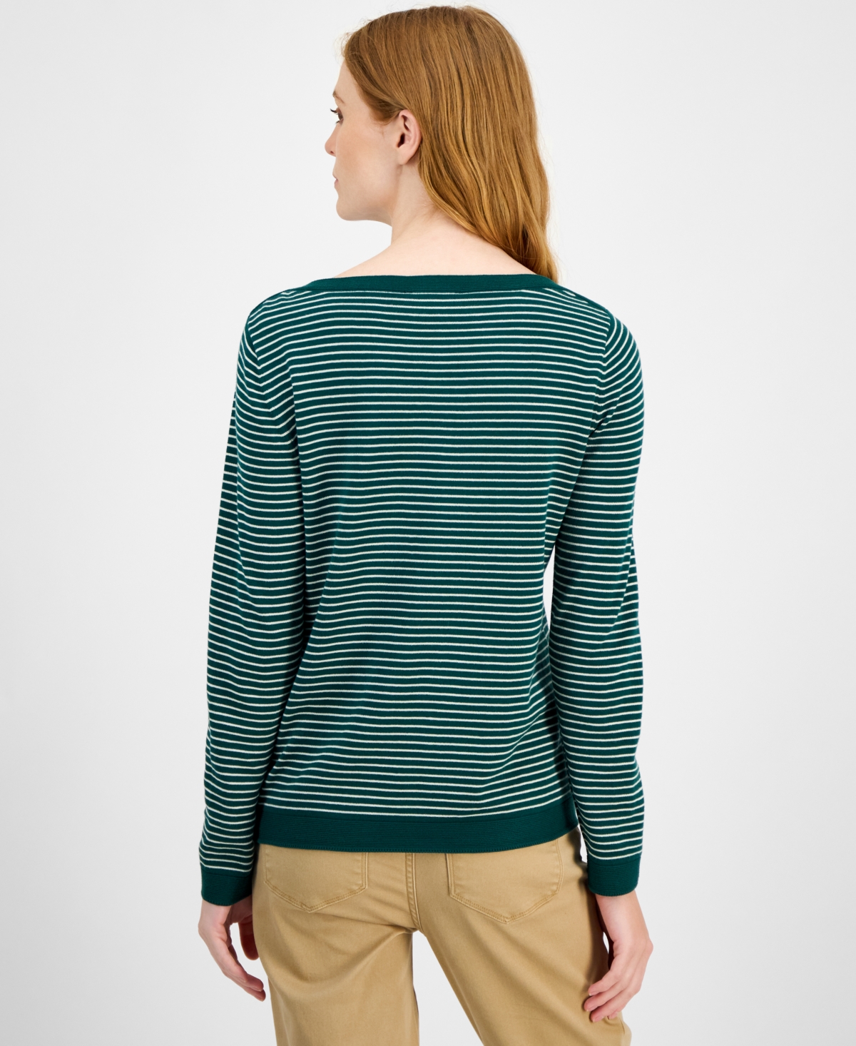Nautica Jeans Women's Cotton Striped Boat-neck Sweater In Green