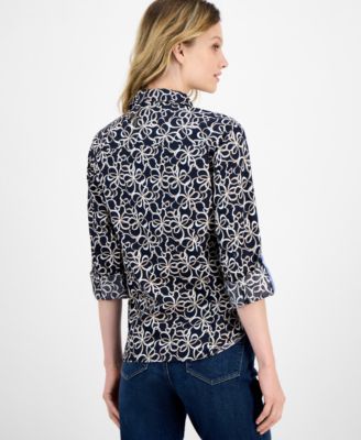 be Women’s Ribbon-Print Roll Tab Shirt