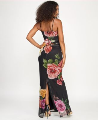 Juniors' Cowl Neck Floral Mesh Sleeveless Gown