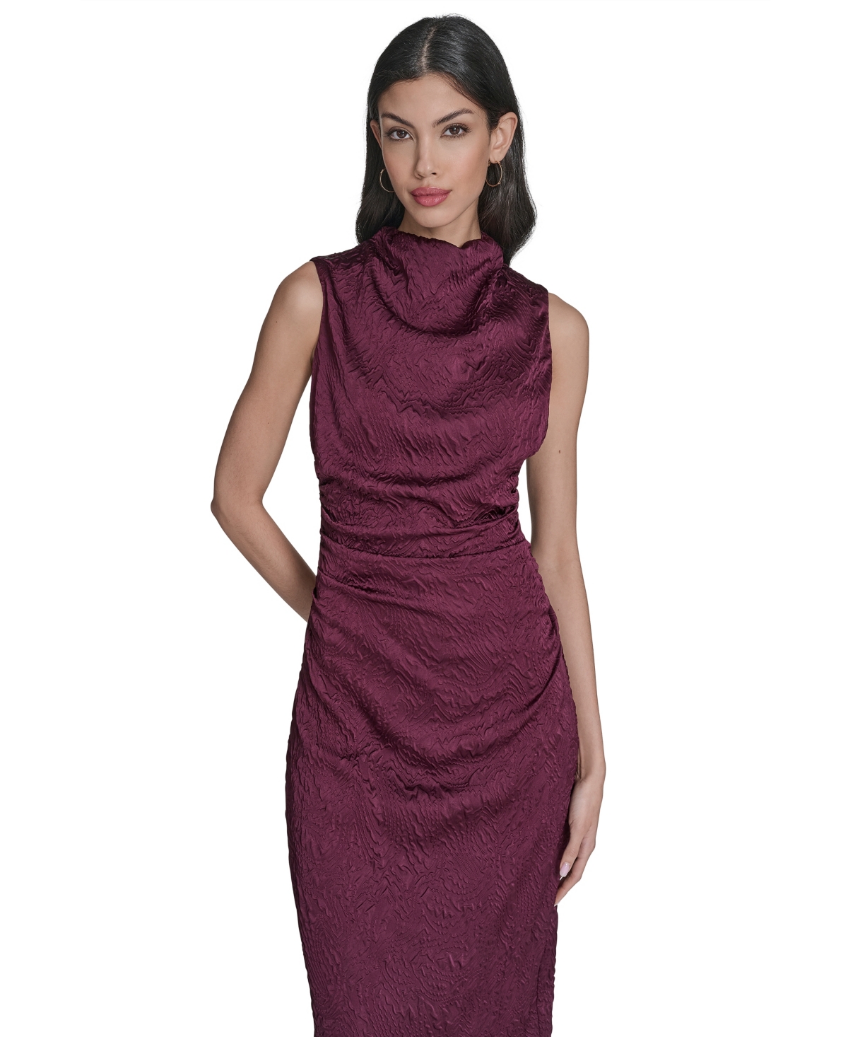 Vince Camuto Women's Novelty Knit High Cowl Neck Ruche Waist Bodycon Dress In Burgundy
