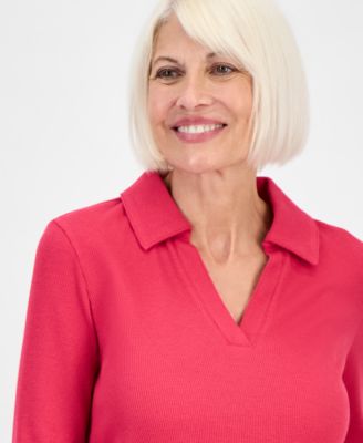 Petite Collared Long-Sleeve Thermal Top, Macy's Exclusive