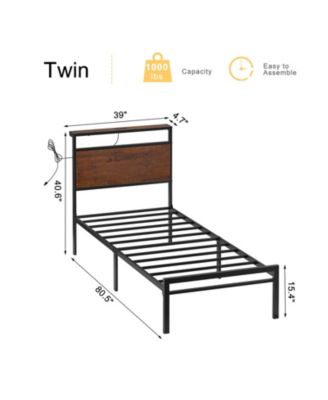 Industrial Twin Size Bed Frame with Storage LED Headboard, Charging Station, No Box Spring Needed