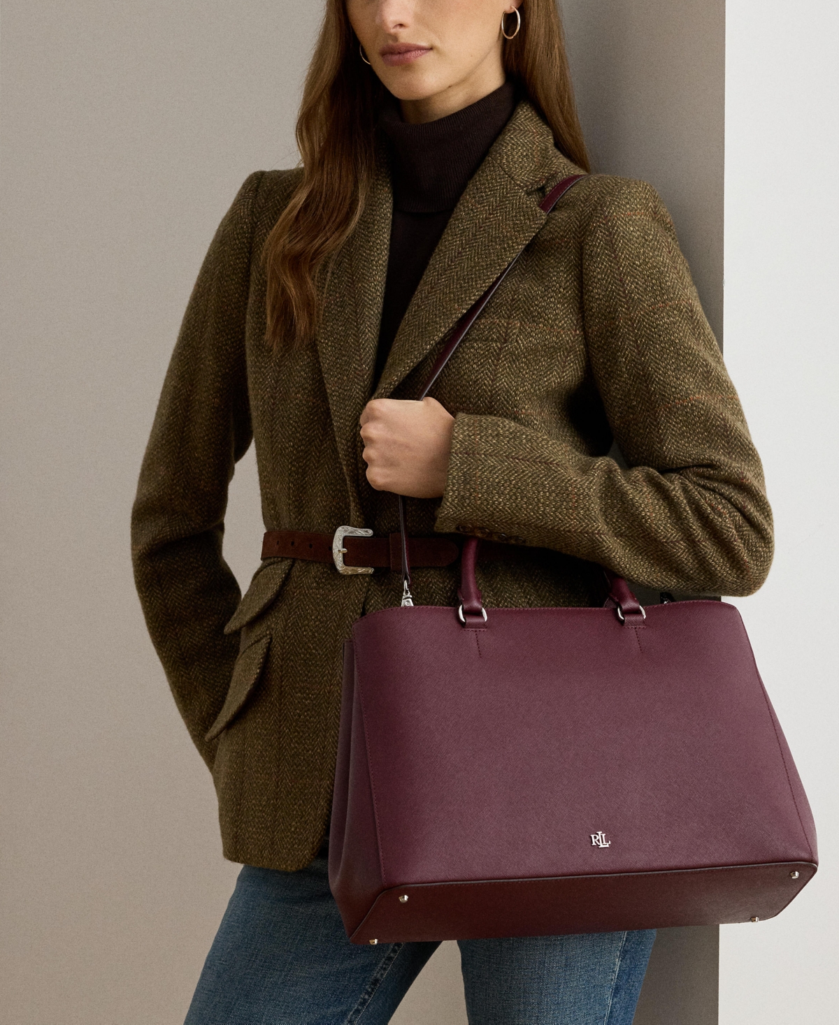 Lauren Ralph Crosshatch Leather Large Hanna Satchel