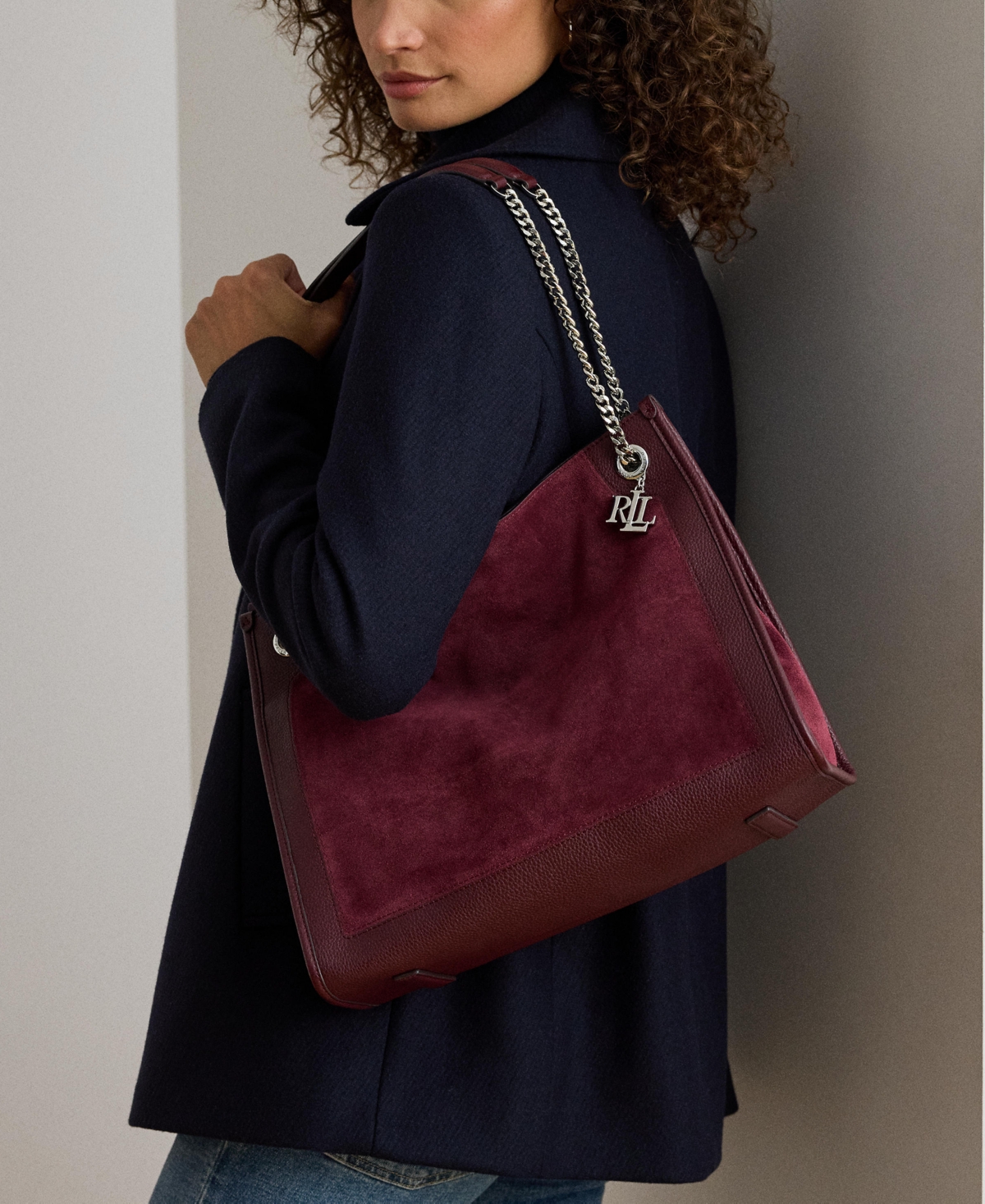 Ralph Lauren Bradley Large Suede Shopper Tote Bag In Burgundy