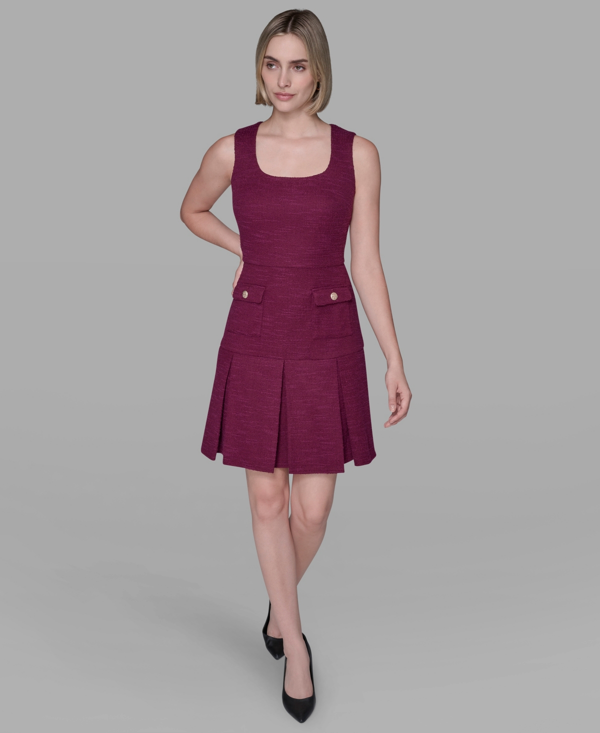 Karl Lagerfeld Textured Tweed Square Neck Mini Dress In Burgundy
