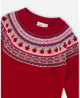 Big Girls Knit Dress Red with Apple Jacquard Yoke