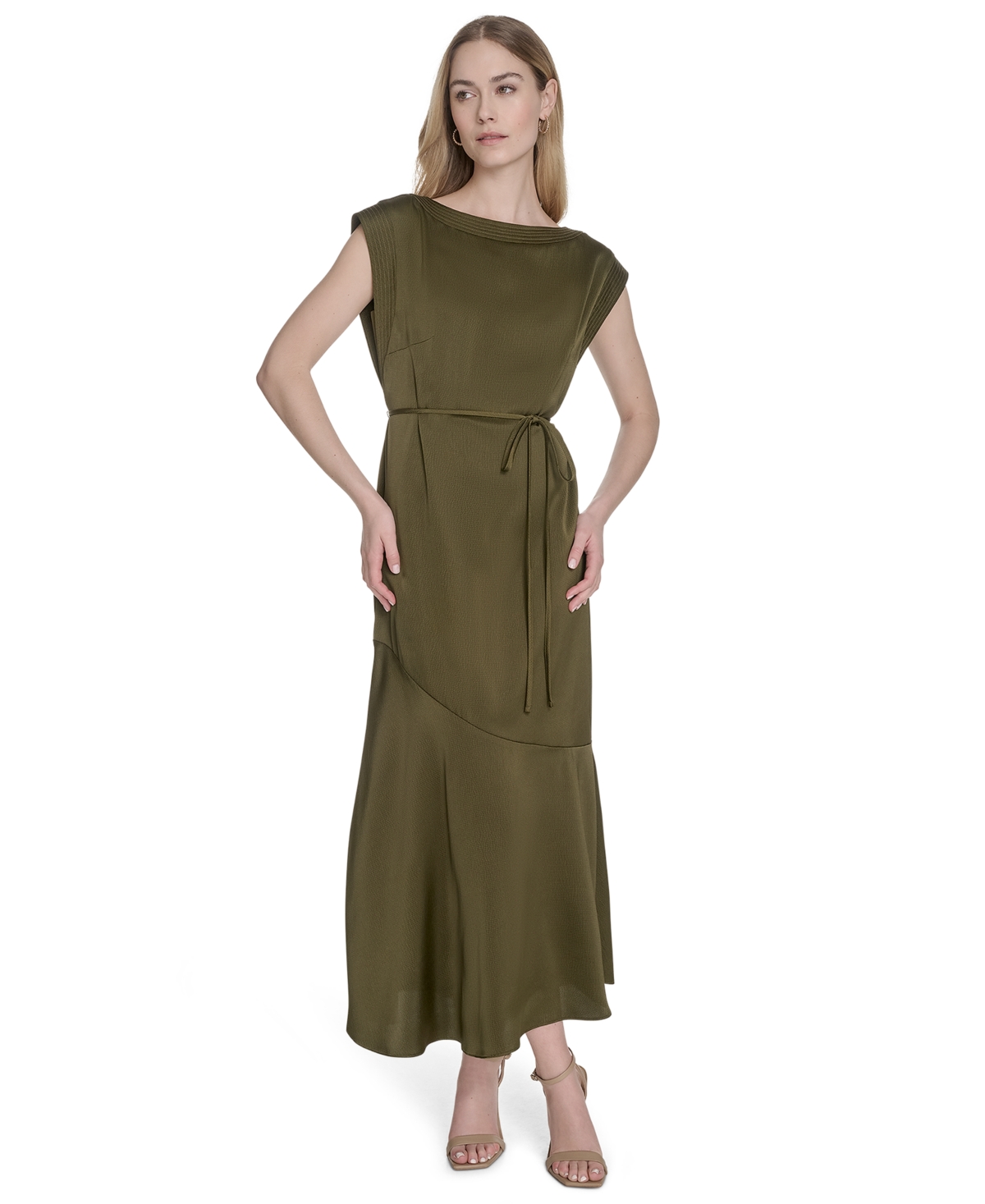 Women's Satin Trapunto-Stitch Midi Dress - Olv