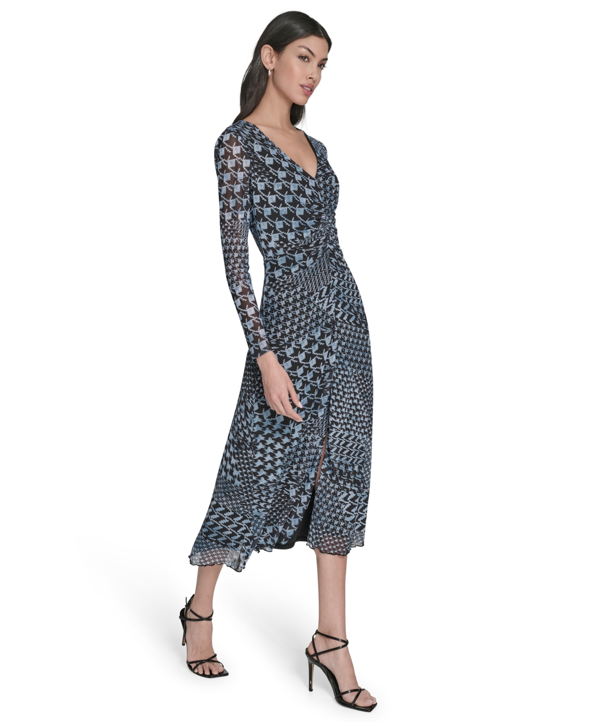 Eliza J Women's Long-sleeve Printed-mesh Midi Dress In Gray