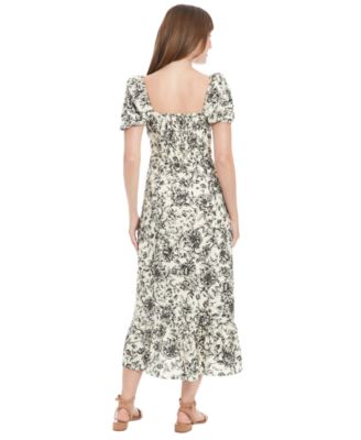 Petite Floral-Print Puff-Sleeve Midi Dress
