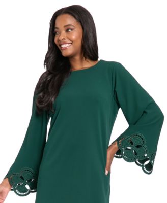 Petite Scuba Laser-Cut Long-Sleeve A-Line Dress